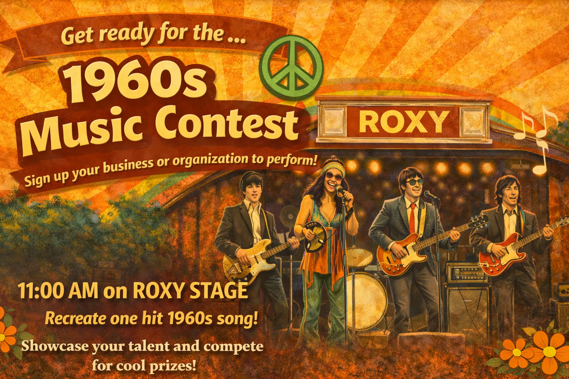 Sign up for the Leeds 1960s Music Contest on April 11, 2026 at 11:00 AM at Leeds Walk Roxy Theater Stage. Only four spots. Prizes for best
